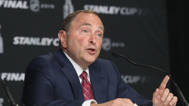 BOSTON, MASSACHUSETTS - MAY 27: Commissioner Gary Bettman of the National Hockey League speaks with the media prior to Game One of the 2019 NHL Stanley Cup Final at TD Garden on May 27, 2019 in Boston, Massachusetts.