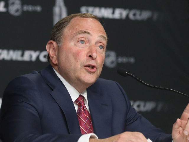 BOSTON, MASSACHUSETTS - MAY 27: Commissioner Gary Bettman of the National Hockey League speaks with the media prior to Game One of the 2019 NHL Stanley Cup Final at TD Garden on May 27, 2019 in Boston, Massachusetts.