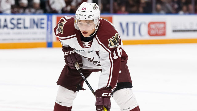 OSHAWA, ON - JANUARY 12: Nick Robertson #16 of the Peterborough Petes looks on before a face-off during an OHL game against the Oshawa Generals at the Tribute Communities Centre on January 12, 2020 in Oshawa, Ontario, Canada.