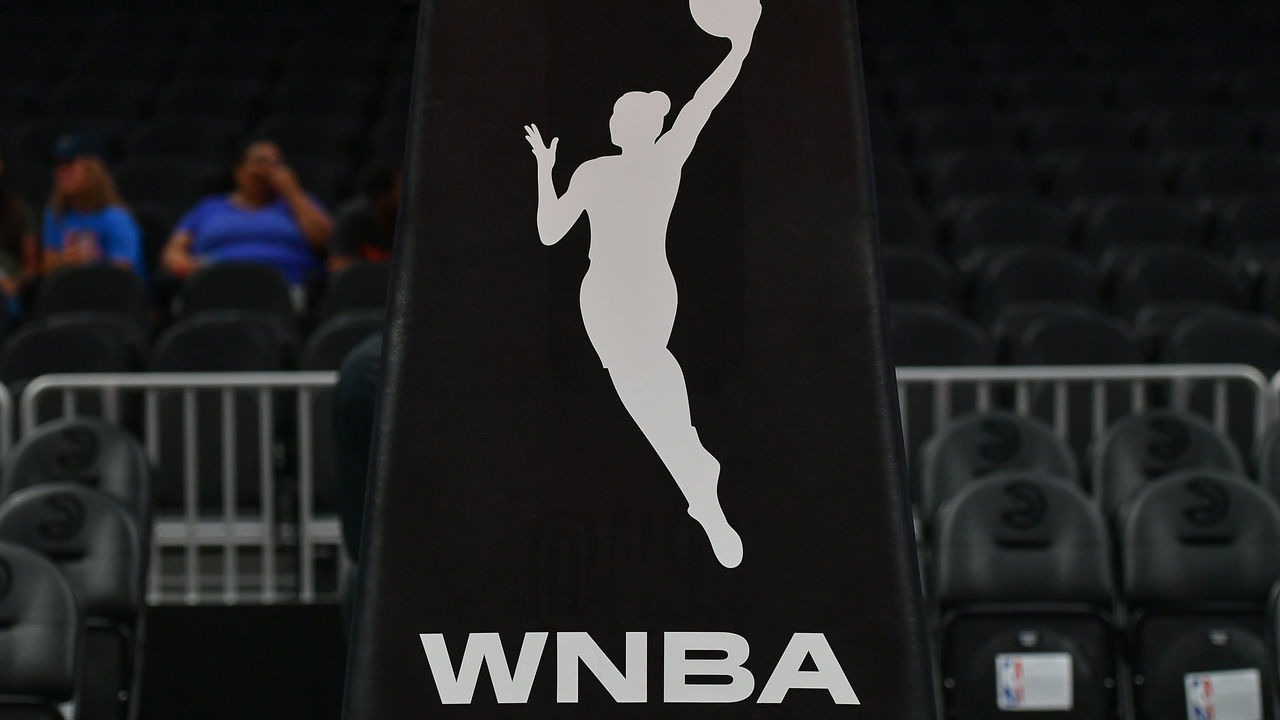 ATLANTA, GA AUGUST 06: The WNBA logo covering the base of the basket during the WNBA game between the Minnesota Lynx and the Atlanta Dream on August 6th, 2019 at State Farm Arena in Atlanta, GA.