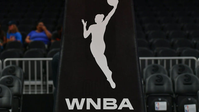 ATLANTA, GA AUGUST 06: The WNBA logo covering the base of the basket during the WNBA game between the Minnesota Lynx and the Atlanta Dream on August 6th, 2019 at State Farm Arena in Atlanta, GA.