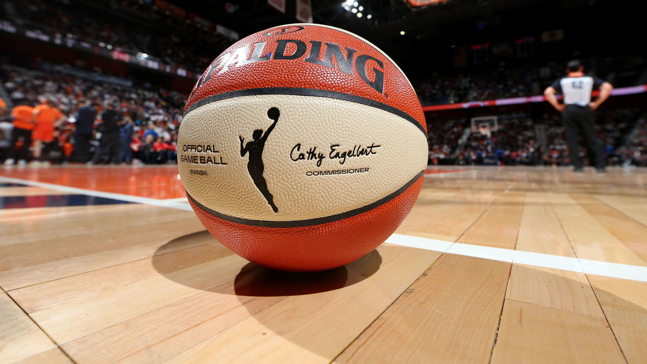 UNCASVILLE, CT - OCTOBER 6: A close-up view of the official game ball during Game Three of the 2019 WNBA Finals on October 6, 2019 at the Mohegan Sun Arena in Uncasville, Connecticut. Mandatory Copyright Notice: Copyright 2019 NBAE