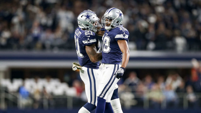 ARLINGTON, TX - NOVEMBER 05: Dallas Cowboys wide receiver Amari Cooper (19) celebrates his touchdown with running back Ezekiel Elliott (21) during the game between the Tennessee Titans and Dallas Cowboys on November 5, 2018 at AT&T Stadium in Arlington, TX.