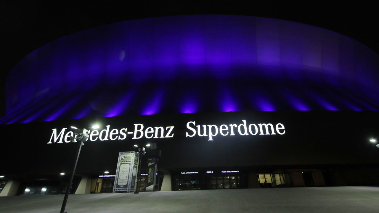 NEW ORLEANS, LA - APRIL 09: The Mercedes-Benz Superdome is lit up blue on April 09, 2020 in New Orleans, Louisiana. Landmarks and buildings across the nation are displaying blue lights to show support for health care workers and first responders on the front lines of the coronavirus (COVID-19) pandemic.