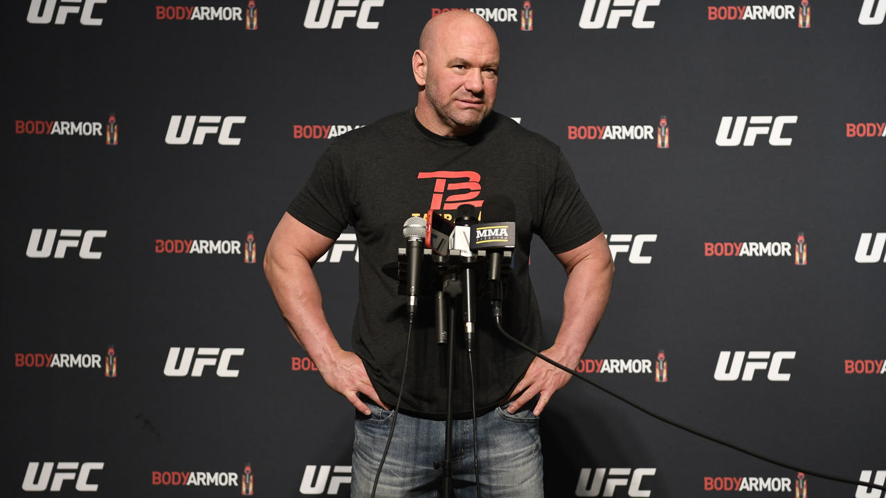 JACKSONVILLE, FLORIDA - MAY 08: UFC president Dana White interacts with media members during the UFC 249 official weigh-in on May 08, 2020 in Jacksonville, Florida.