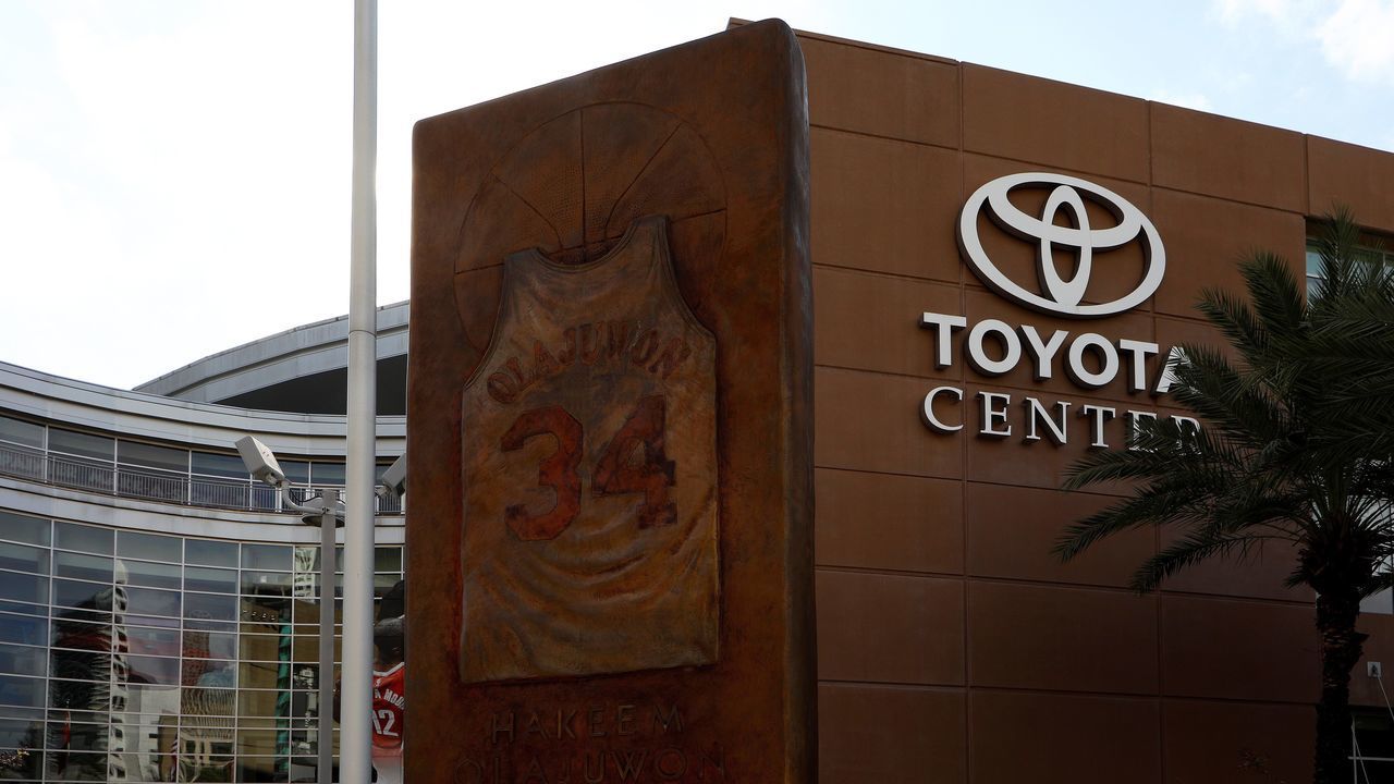 HOUSTON - NOVEMBER 04: A basketball jersey monument honoring former Houston Rockets player Hakeem Olajuwon is displayed outside Toyota Center, home of the Houston Rockets basketball team in Houston, Texas on November 4, 2017.