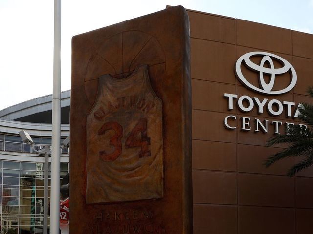 HOUSTON - NOVEMBER 04: A basketball jersey monument honoring former Houston Rockets player Hakeem Olajuwon is displayed outside Toyota Center, home of the Houston Rockets basketball team in Houston, Texas on November 4, 2017.