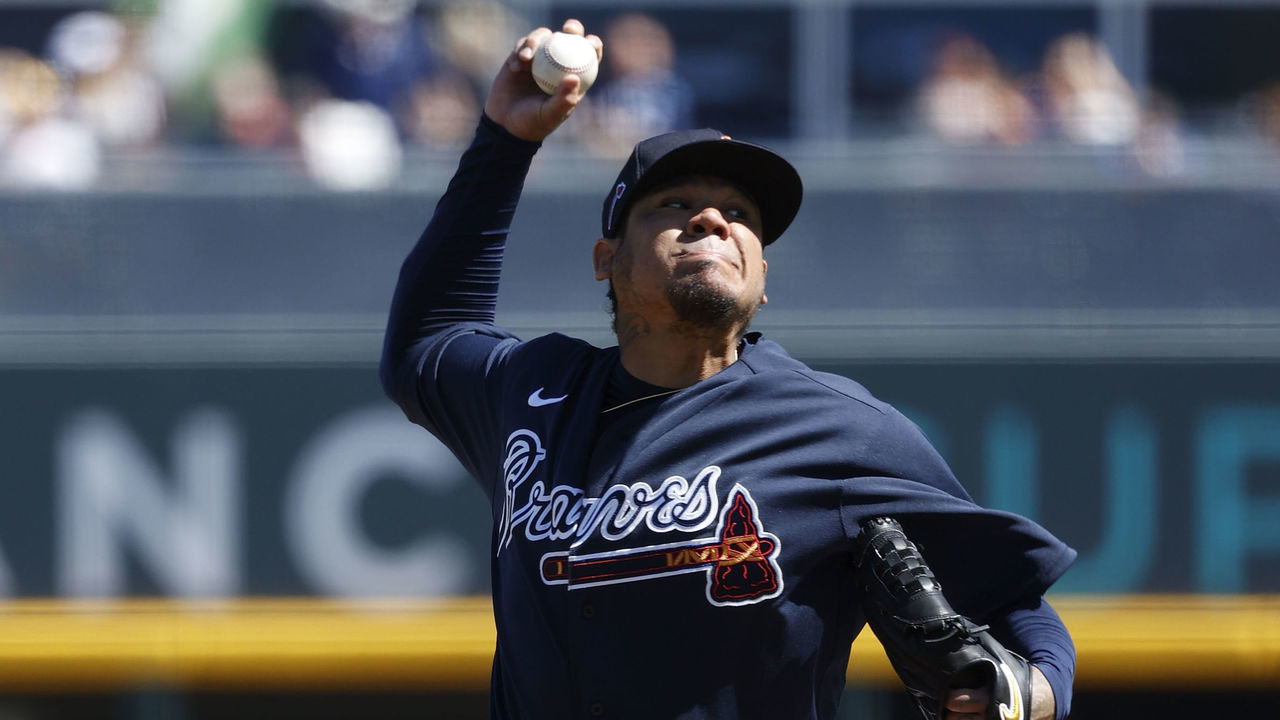 NORTH PORT, FL - FEBRUARY 22: Felix Hernandez #34 of the Atlanta Braves pitches during a Grapefruit League spring training game against the Baltimore Orioles at CoolToday Park on February 22, 2020 in North Port, Florida. The Braves defeated the Orioles 5-0.
