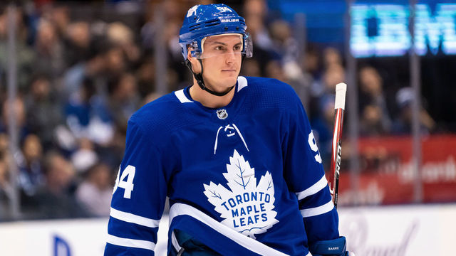 TORONTO, ON - DECEMBER 17: Tyson Barrie #94 of the Toronto Maple Leafs looks on against the Buffalo Sabres during the first period at the Scotiabank Arena on December 17, 2019 in Toronto, Ontario, Canada.