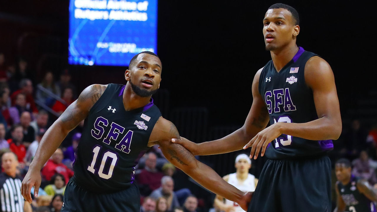 PISCATAWAY, NJ - NOVEMBER 20: Stephen F. Austin Lumberjacks guard John Comeaux (10) and Stephen F. Austin Lumberjacks forward Calvin Solomon (13) during the first half of the College Basketball game between the Rutgers Scarlet Knights and the Stephen F. Austin Lumberjacks on November 20, 2019 at the Louis Brown Athletic Center in Piscataway, NJ.
