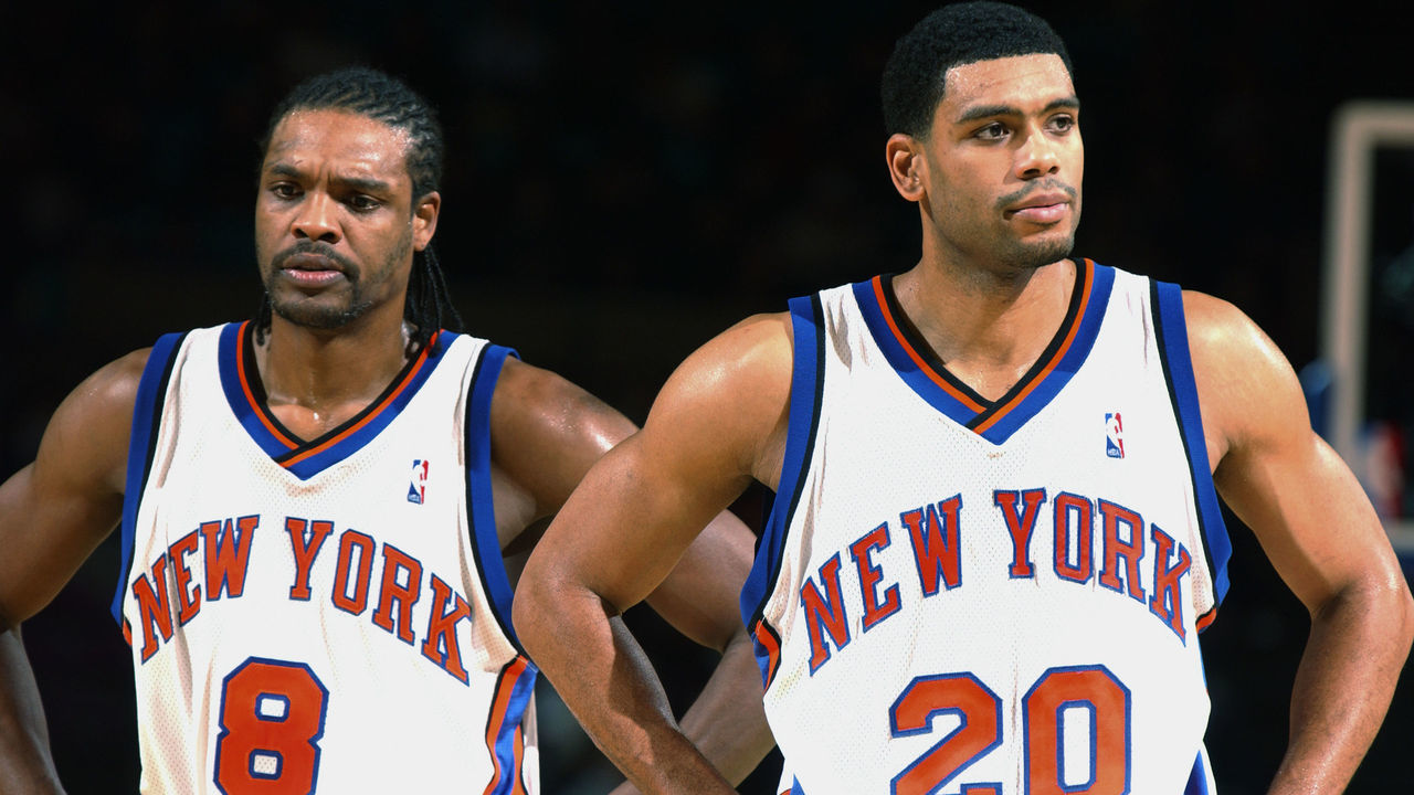 NEW YORK - NOVEMBER 30: Latrell Sprewell #8 and Allan Houston #20 of the New York Knicks stand side by side during the NBA game against the New Orleans Hornets at Madison Square Garden on November 30, 2002 in New York, New York. The Knicks won in overtime 92-86. Mandatory Copyright Notice: Copyright 2002 NBAE