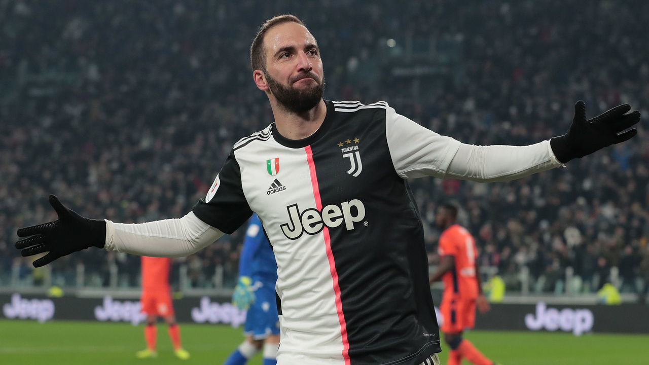 TURIN, ITALY - JANUARY 15: Gonzalo Higuain of Juventus celebrates his goal during the Coppa Italia match between Juventus and Udinese Calcio at Allianz Stadium on January 15, 2020 in Turin, Italy.
