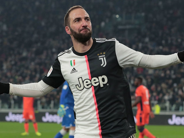 TURIN, ITALY - JANUARY 15: Gonzalo Higuain of Juventus celebrates his goal during the Coppa Italia match between Juventus and Udinese Calcio at Allianz Stadium on January 15, 2020 in Turin, Italy.