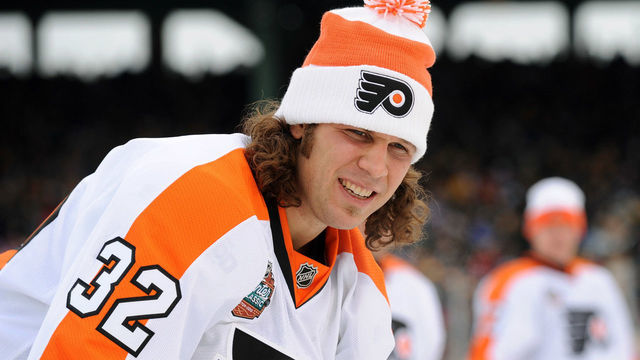 BOSTON - JANUARY 1: Riley Cote #32 of the Philadelphia Flyers during warm-ups against the Boston Bruins in the 2010 Bridgestone Winter Classic at Fenway Park on January 1, 2010 in Boston, Massachusetts.