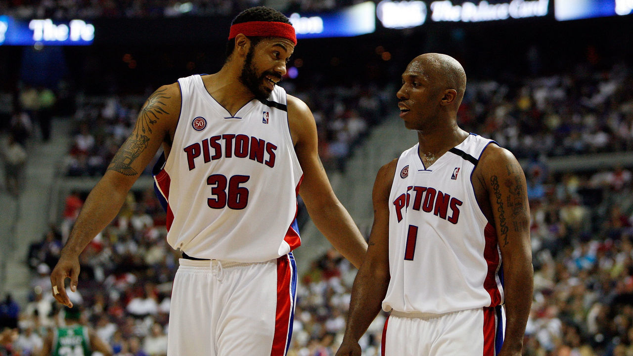 AUBURN HILLS, MI - MAY 30: Chauncey Billups #1 and Rasheed Wallace #36 of the Detroit Pistons talk while playing against Rajon Rondo #9 of the Boston Celtics during Game Six of the Eastern Conference finals during the 2008 NBA Playoffs at the Palace of Auburn Hills on May 30, 2008 in Auburn Hills, Michigan. NOTE TO USER: User expressly acknowledges and agrees that, by downloading and/or using this photograph, user is consenting to the terms and conditions of the Getty Images License Agreement.