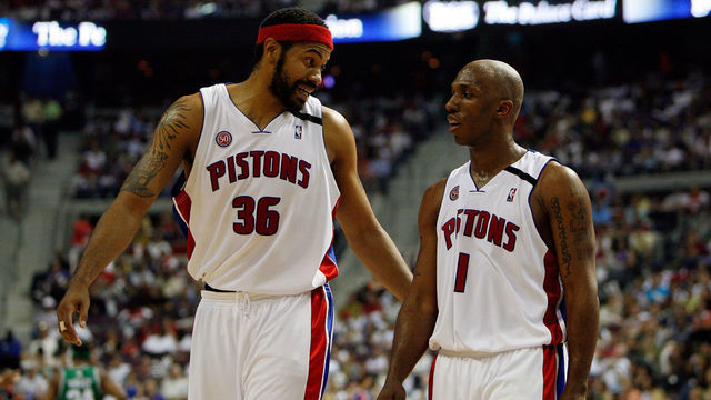 AUBURN HILLS, MI - MAY 30: Chauncey Billups #1 and Rasheed Wallace #36 of the Detroit Pistons talk while playing against Rajon Rondo #9 of the Boston Celtics during Game Six of the Eastern Conference finals during the 2008 NBA Playoffs at the Palace of Auburn Hills on May 30, 2008 in Auburn Hills, Michigan. NOTE TO USER: User expressly acknowledges and agrees that, by downloading and/or using this photograph, user is consenting to the terms and conditions of the Getty Images License Agreement.
