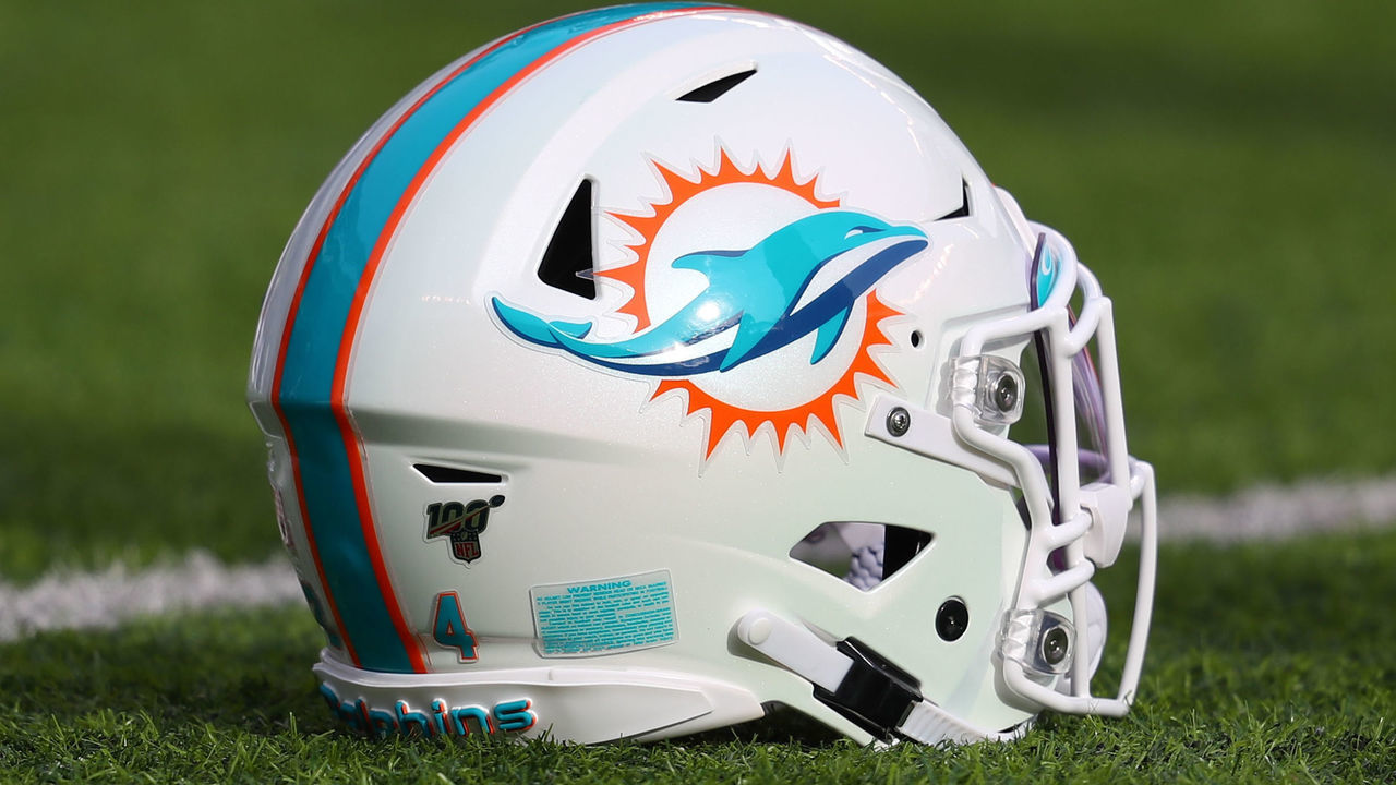 EAST RUTHERFORD, NJ - DECEMBER 08: Miami Dolphins Helmet on the field prior to the National Football League game between the New York Jets and the Miami Dolphins on December 8, 2019 at MetLife Stadium in East Rutherford, NJ. The call was reversed and the New York Jets were given a first down.