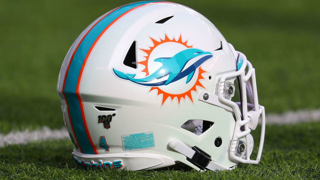 EAST RUTHERFORD, NJ - DECEMBER 08: Miami Dolphins Helmet on the field prior to the National Football League game between the New York Jets and the Miami Dolphins on December 8, 2019 at MetLife Stadium in East Rutherford, NJ. The call was reversed and the New York Jets were given a first down.