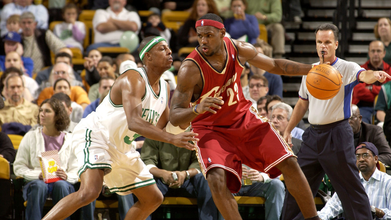 BOSTON - OCTOBER 26: LeBron James #23 of the Cleveland Cavaliers against Paul Pierce #34 of the Boston Celtics October 26, 2005 at the TD Banknorth Garden in Boston, Massachusetts. NOTE TO USER: User expressly acknowledges that by downloading and or using this photograph, user is consenting to the terms and conditions of the Getty Images License agreement. Mandatory Copyright Notice: Copyright 2005 NBAE