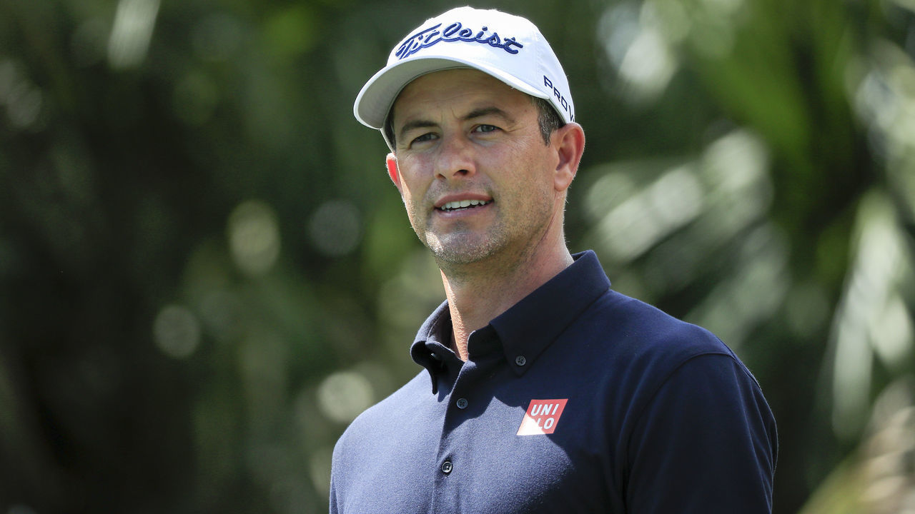 PONTE VEDRA BEACH, FLORIDA - MARCH 11: Adam Scott of Australia looks on during a practice round prior to The PLAYERS Championship on The Stadium Course at TPC Sawgrass on March 11, 2020 in Ponte Vedra Beach, Florida.