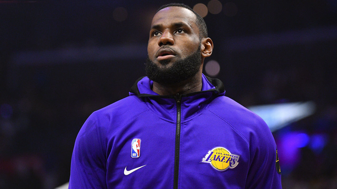 LOS ANGELES, CA - MARCH 08: Los Angeles Lakers Forward LeBron James (23) looks on before a NBA game between the Los Angeles Lakers and the Los Angeles Clippers on March 8, 2020 at STAPLES Center in Los Angeles, CA.