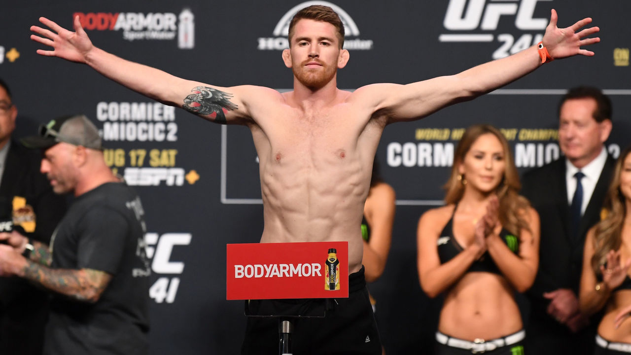 ANAHEIM, CALIFORNIA - AUGUST 16: Cory Sandhagen poses on the scale during the UFC 241 weigh-in at the Anaheim Convention Center on August 16, 2019 in Las Vegas, Nevada.