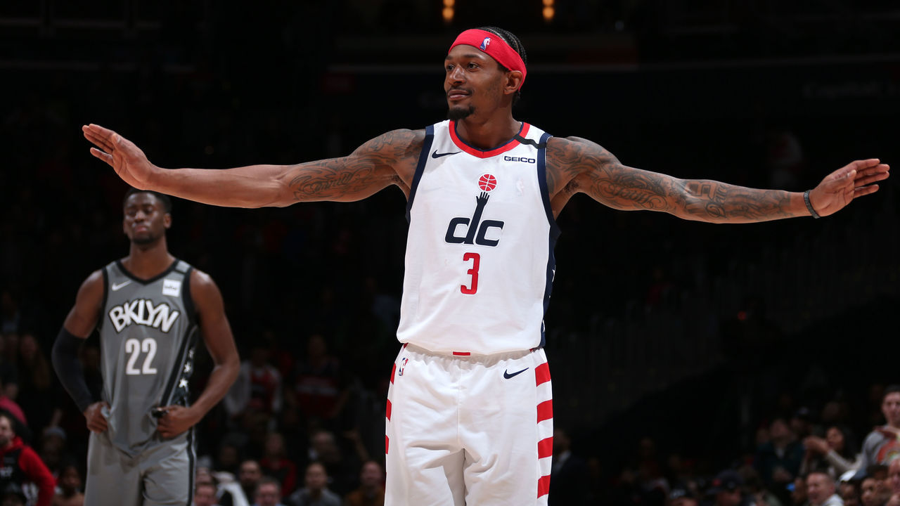 WASHINGTON, DC - FEBRUARY 26: Bradley Beal #3 of the Washington Wizards reacts during a game against the Brooklyn Nets on February 26, 2020 at Capital One Arena in Washington, DC. Mandatory Copyright Notice: Copyright 2020 NBAE
