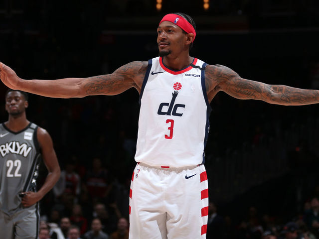 WASHINGTON, DC - FEBRUARY 26: Bradley Beal #3 of the Washington Wizards reacts during a game against the Brooklyn Nets on February 26, 2020 at Capital One Arena in Washington, DC. Mandatory Copyright Notice: Copyright 2020 NBAE