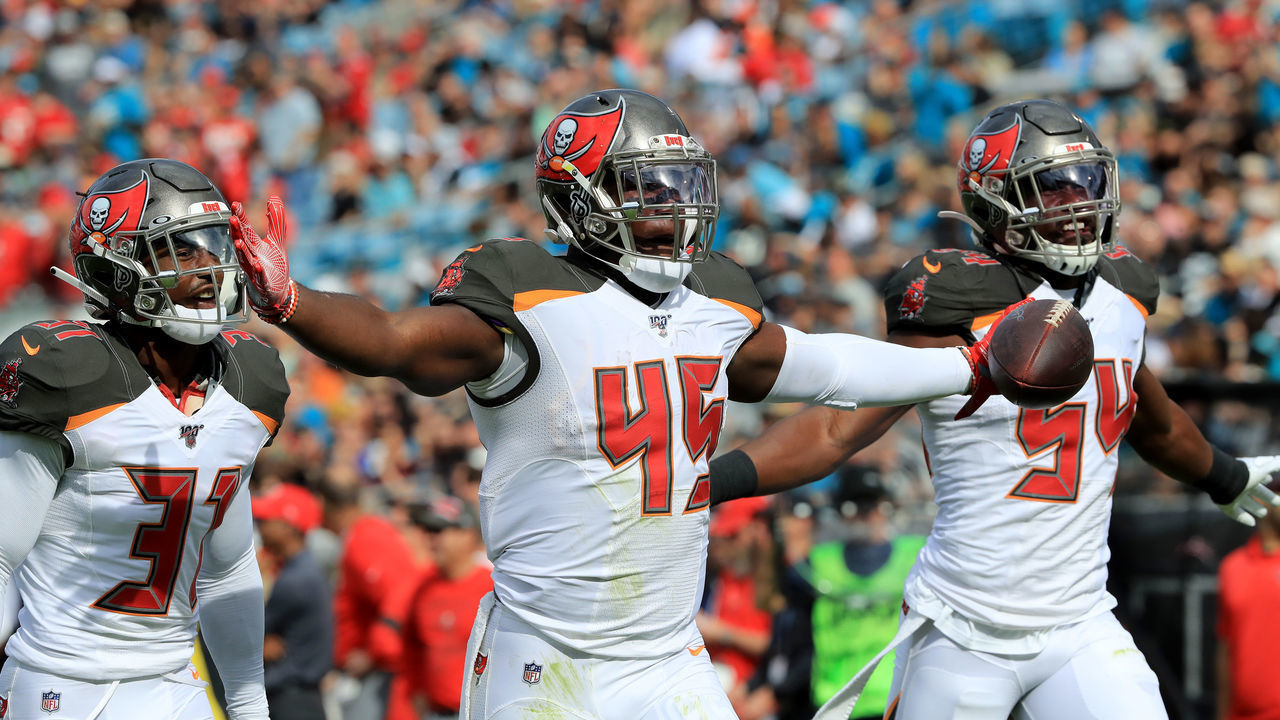 JACKSONVILLE, FLORIDA - DECEMBER 01: Devin White #45 of the Tampa Bay Buccaneers celebrates a fumble recovery during the game against the Jacksonville Jaguars at TIAA Bank Field on December 01, 2019 in Jacksonville, Florida.