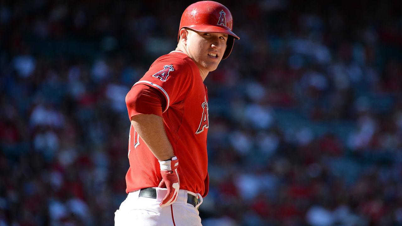 ANAHEIM, CA - SEPTEMBER 22: Mike Trout #27 of the Los Angeles Angels waits on first base during the eighth inning against the Seattle Mariners at Angel Stadium of Anaheim on September 22, 2013 in Anaheim, California.