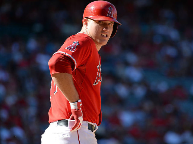 ANAHEIM, CA - SEPTEMBER 22: Mike Trout #27 of the Los Angeles Angels waits on first base during the eighth inning against the Seattle Mariners at Angel Stadium of Anaheim on September 22, 2013 in Anaheim, California.