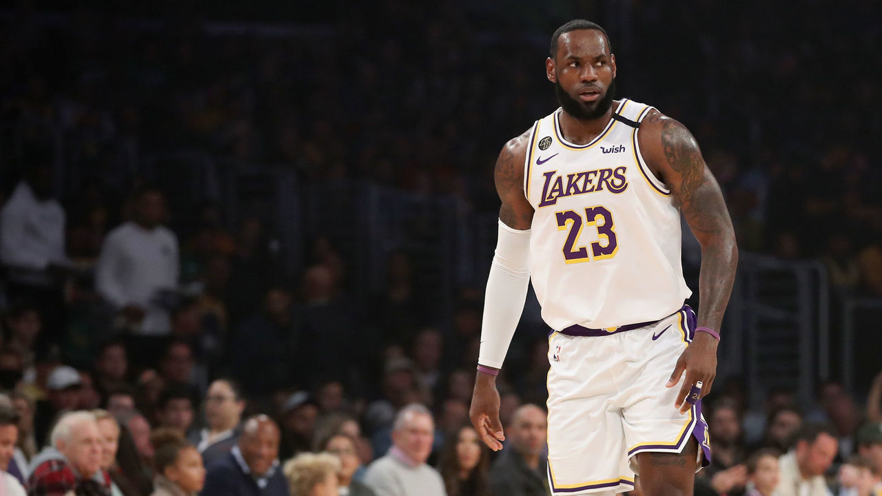 LOS ANGELES, CALIFORNIA - FEBRUARY 23: LeBron James #23 of the Los Angeles Lakers stands on the court during the game against the Boston Celtics at Staples Center on February 23, 2020 in Los Angeles, California.