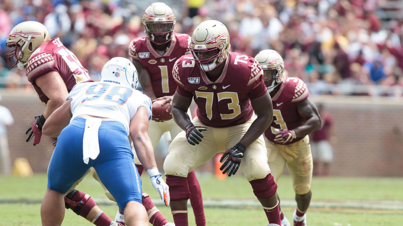 TALLAHASSEE, FL - AUGUST 31: Florida State Seminoles offensive lineman Jauan Williams (73) gets into position during the game between the Boise State Broncos and the Florida State Seminoles at Doak Campbell Stadium in Tallahassee, Florida on Saturday, August 31st, 2019.