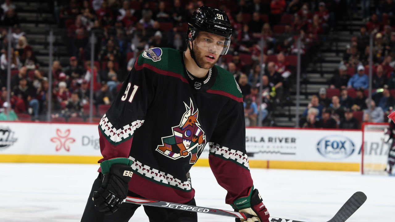 GLENDALE, ARIZONA - FEBRUARY 22: Taylor Hall #91 of the Arizona Coyotes skates up ice during a stop in play against the Tampa Bay Lightning at Gila River Arena on February 22, 2020 in Glendale, Arizona.