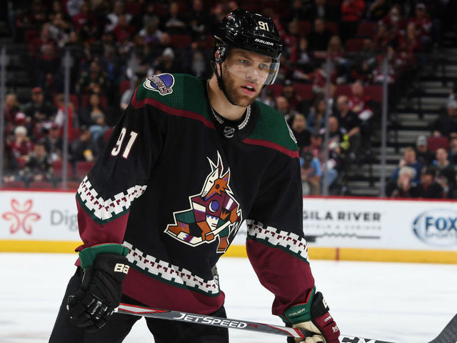 GLENDALE, ARIZONA - FEBRUARY 22: Taylor Hall #91 of the Arizona Coyotes skates up ice during a stop in play against the Tampa Bay Lightning at Gila River Arena on February 22, 2020 in Glendale, Arizona.