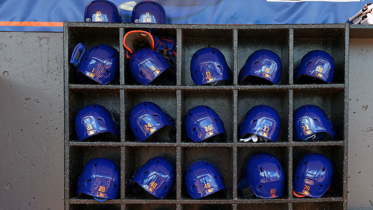 PORT ST. LUCIE, FL - MARCH 11: New York Mets batting helmets in their dugout before a spring training baseball game against the St. Louis Cardinals at Clover Park at on March 11, 2020 in Port St. Lucie, Florida.