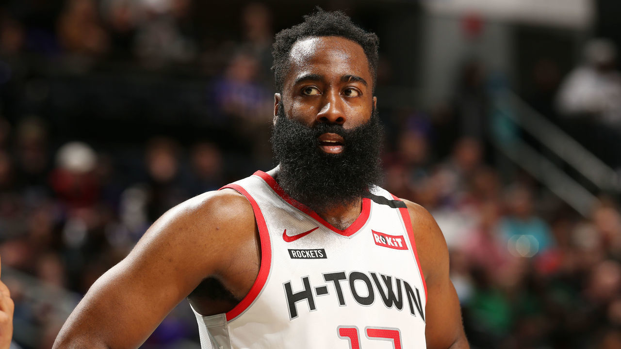 CHARLOTTE, NC - MARCH 7: James Harden #13 of the Houston Rockets looks on during the game against the Charlotte Hornets on March 7, 2020 at Spectrum Center in Charlotte, North Carolina. Mandatory Copyright Notice: Copyright 2020 NBAE