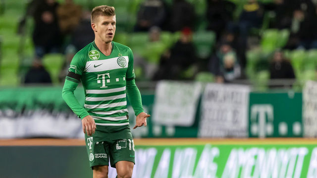 BUDAPEST, HUNGARY - FEBRUARY 5: David Siger of Ferencvarosi TC controls the ball during the Hungarian OTP Bank Liga match between Ferencvarosi TC and Budapest Honved at Groupama Arena on February 5, 2020 in Budapest, Hungary.
