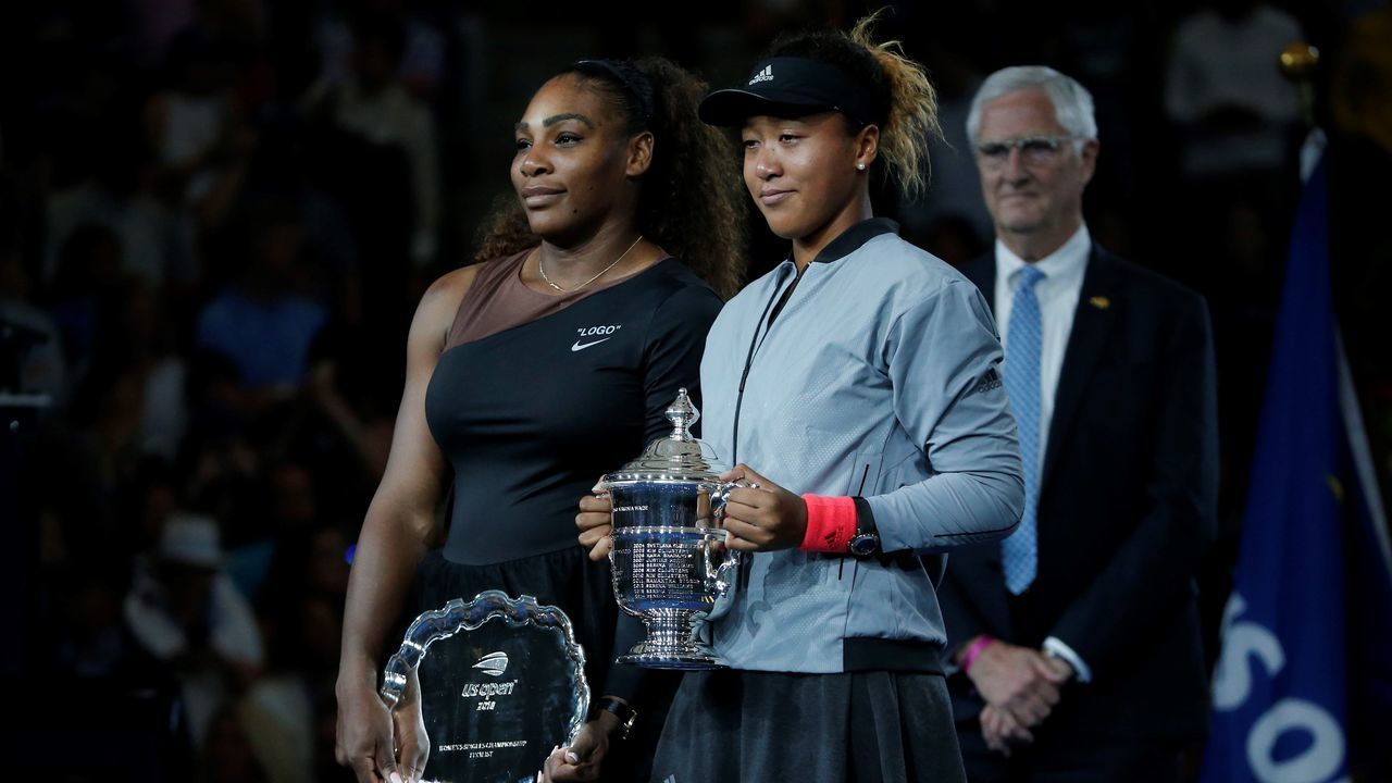 NEW YORK, USA - SEPTEMBER 8: Naomi Osaka (R) of Japan and Serena Williams (L) of USA pose for a photo with their trophies during the presentations after the Women's Singles Final on Arthur Ashe Stadium at the 2018 US Open Tennis Tournament on September 8, 2018 in New York, United States.