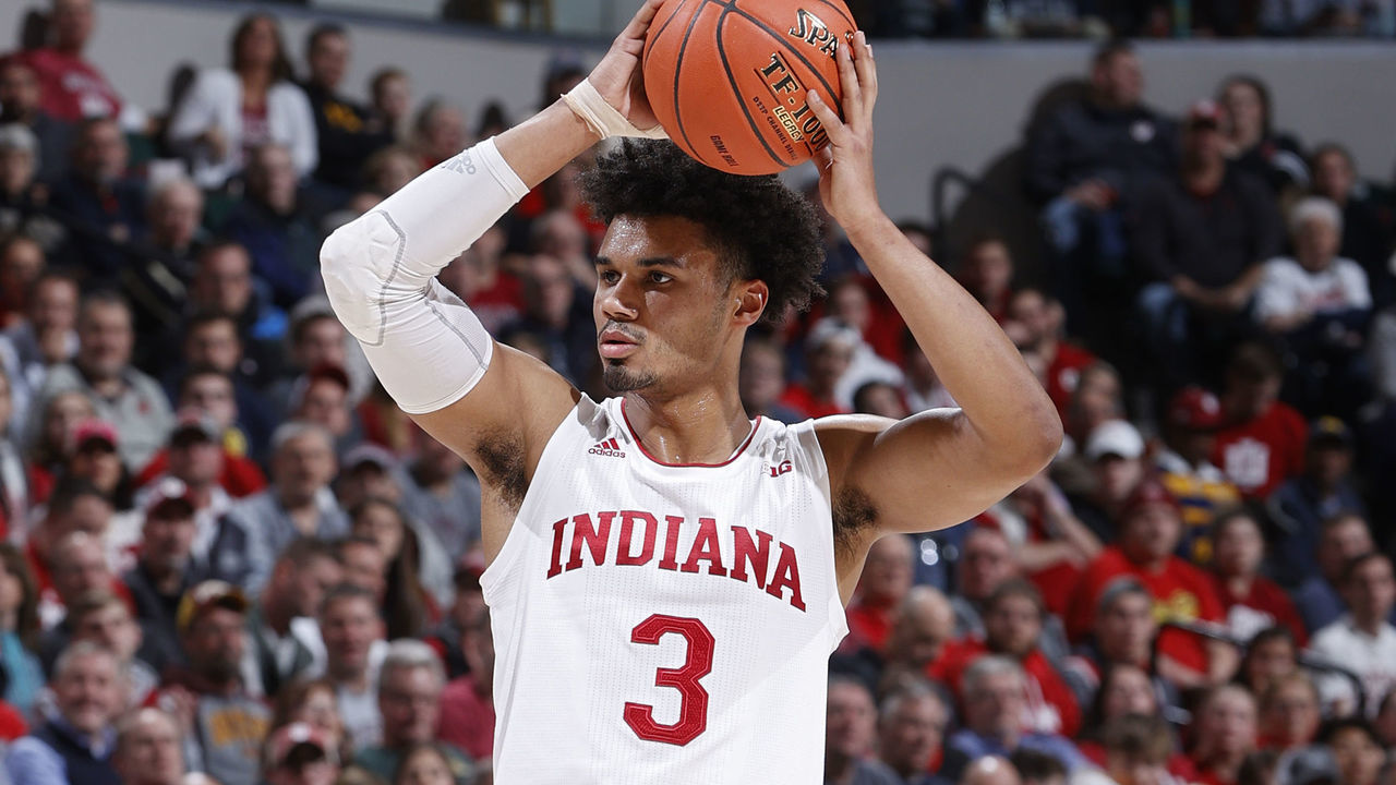 INDIANAPOLIS, IN - MARCH 11: Justin Smith #3 of the Indiana Hoosiers looks to pass the ball during a game against the Nebraska Cornhuskers in the first round of the Big Ten Men's Basketball Tournament at Bankers Life Fieldhouse on March 11, 2020 in Indianapolis, Indiana.