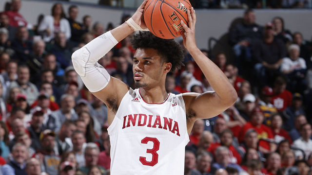 INDIANAPOLIS, IN - MARCH 11: Justin Smith #3 of the Indiana Hoosiers looks to pass the ball during a game against the Nebraska Cornhuskers in the first round of the Big Ten Men's Basketball Tournament at Bankers Life Fieldhouse on March 11, 2020 in Indianapolis, Indiana.