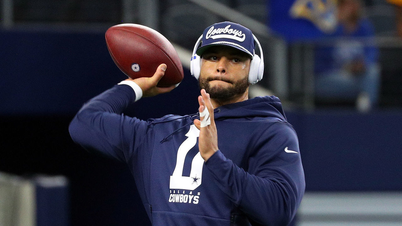 ARLINGTON, TEXAS - DECEMBER 15: Dak Prescott #4 of the Dallas Cowboys warms up before the game against the Los Angeles Rams at AT&T Stadium on December 15, 2019 in Arlington, Texas.