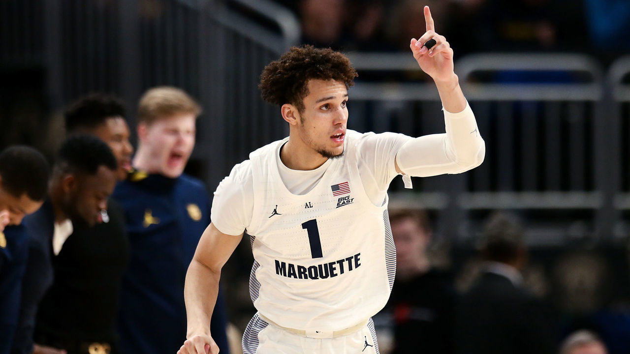 MILWAUKEE, WISCONSIN - FEBRUARY 26: Brendan Bailey #1 of the Marquette Golden Eagles celebrates in the second half against the Georgetown Hoyas at Fiserv Forum on February 26, 2020 in Milwaukee, Wisconsin.