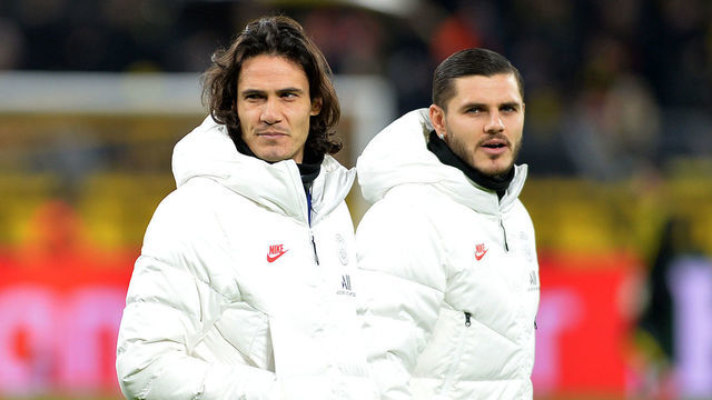 DORTMUND, GERMANY - FEBRUARY 18: (BILD ZEITUNG OUT) Edinson Cavani of Paris Saint-Germain and Mauro Icardi of Paris Saint-Germain look on prior to the UEFA Champions League round of 16 first leg match between Borussia Dortmund and Paris Saint-Germain at Signal Iduna Park on February 18, 2020 in Dortmund, Germany.