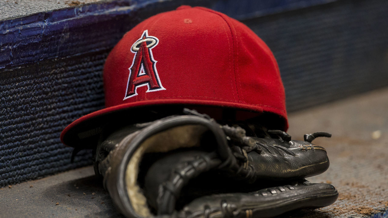 3 May 2016: An LA Angels hat sits on the glove on the step of the dugout as the Los Angeles Angels take on the Milwaukee Brewers at Miller Park in Madison, WI.