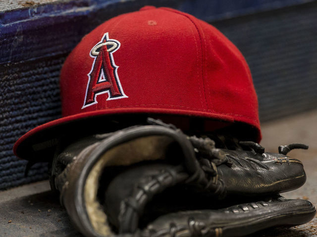 3 May 2016: An LA Angels hat sits on the glove on the step of the dugout as the Los Angeles Angels take on the Milwaukee Brewers at Miller Park in Madison, WI.