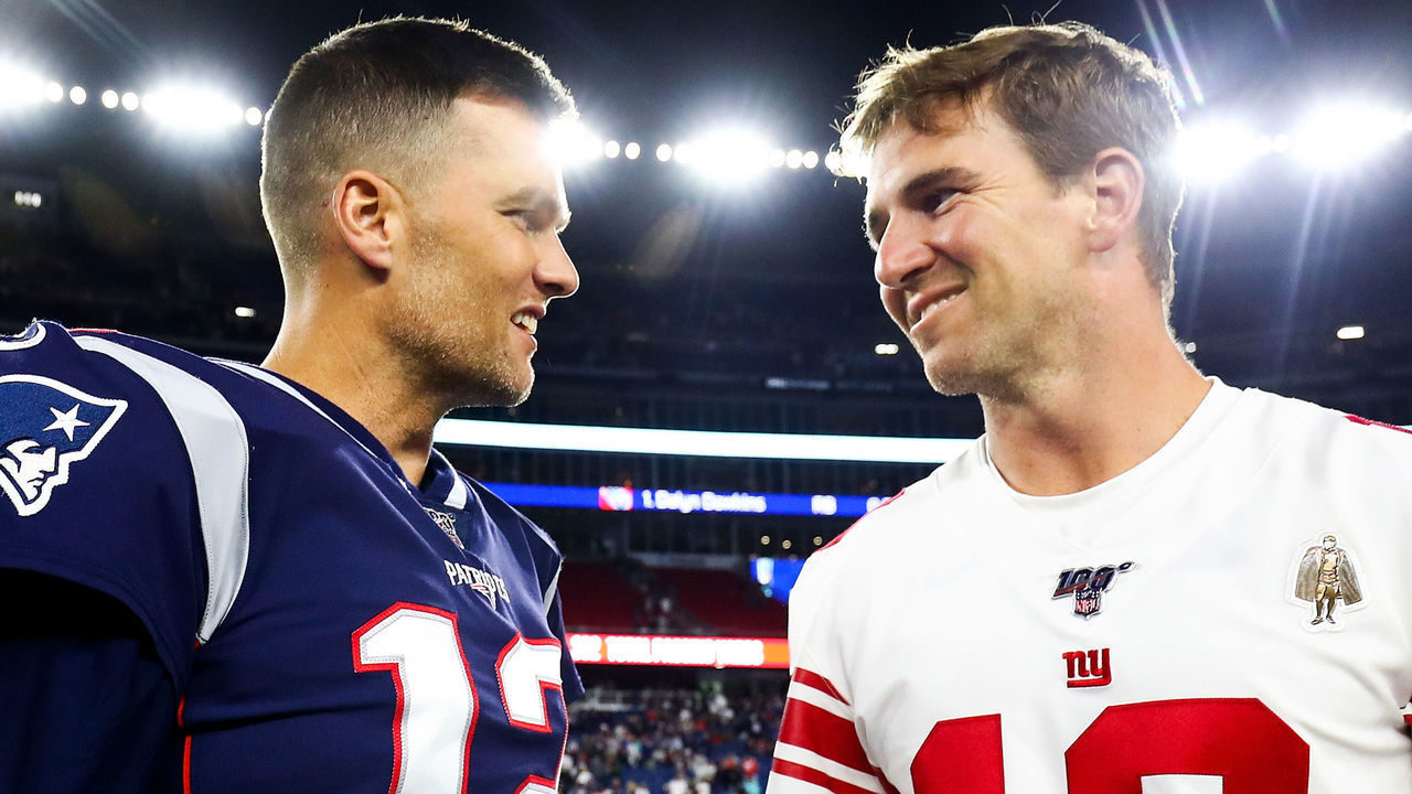 FOXBOROUGH, MA - AUGUST 29: Tom Brady #12 of the New England Patriots greets Eli Manning #10 of the New York Giants after a preseason game at Gillette Stadium on August 29, 2019 in Foxborough, Massachusetts.