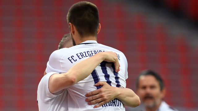 NUREMBERG, GERMANY - MAY 22: Dimitrij Nazarov of Aue celebrates his team's first goal during the Second Bundesliga match between 1. FC Nürnberg and FC Erzgebirge Aue at Max-Morlock-Stadion on May 22, 2020 in Nuremberg, Germany.