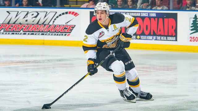 KELOWNA, BC - NOVEMBER 03: Braden Schneider #2 of the Brandon Wheat Kings skates with the puck against the Kelowna Rockets at Prospera Place on November 3, 2018 in Kelowna, Canada.