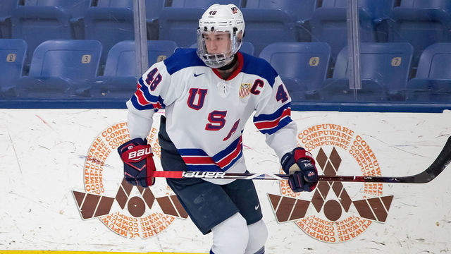 PLYMOUTH, MI - DECEMBER 11: Jake Sanderson #48 of the U.S. Nationals follows the play against the Slovakia Nationals during game two of day one of the 2018 Under-17 Four Nations Tournament game at USA Hockey Arena on December 11, 2018 in Plymouth, Michigan. USA defeated Slovakia 7-2.